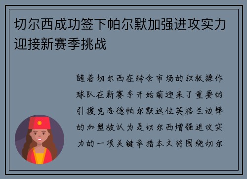 切尔西成功签下帕尔默加强进攻实力迎接新赛季挑战