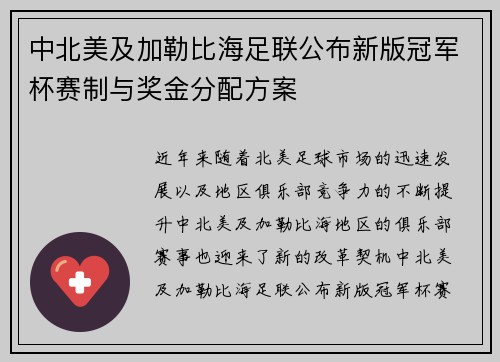中北美及加勒比海足联公布新版冠军杯赛制与奖金分配方案 中北美及加勒比海足联公布新版冠军杯赛制与奖金分配方案